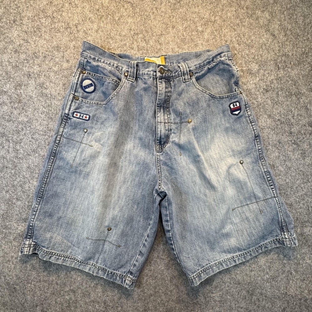 PJ Jeans Shorts Mens 36 Blue Denim Bermuda Relaxed Fit Distressed 94 Patches